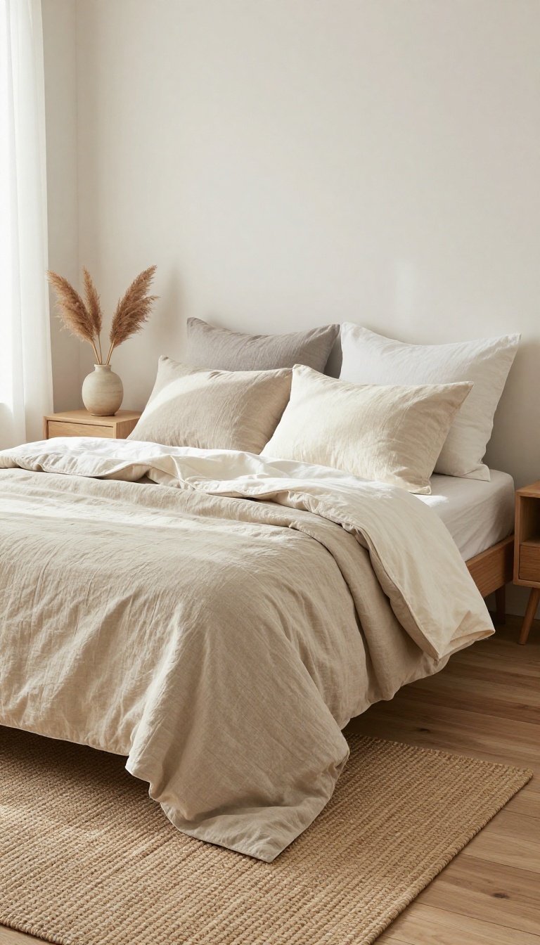 Cozy neutral bed layered with a rumpled oatmeal linen duvet, linen sheets, and a folded cream cotton quilt in a bright, airy bedroom