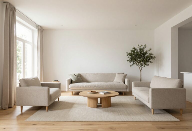 Bright square living room with a centered conversation zone, sofa and facing chairs balanced around a round coffee table
