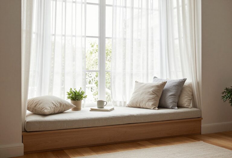 Bright bedroom bay window with a cushioned storage bench, throw pillows, and a small side table styled as a cozy reading nook
