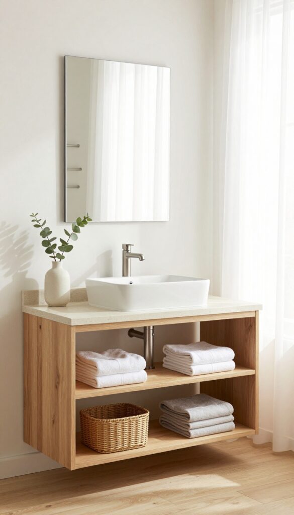 Bright single vanity bathroom with open shelf storage holding woven baskets and folded towels instead of closed cabinets, letting light and air flow underneath.