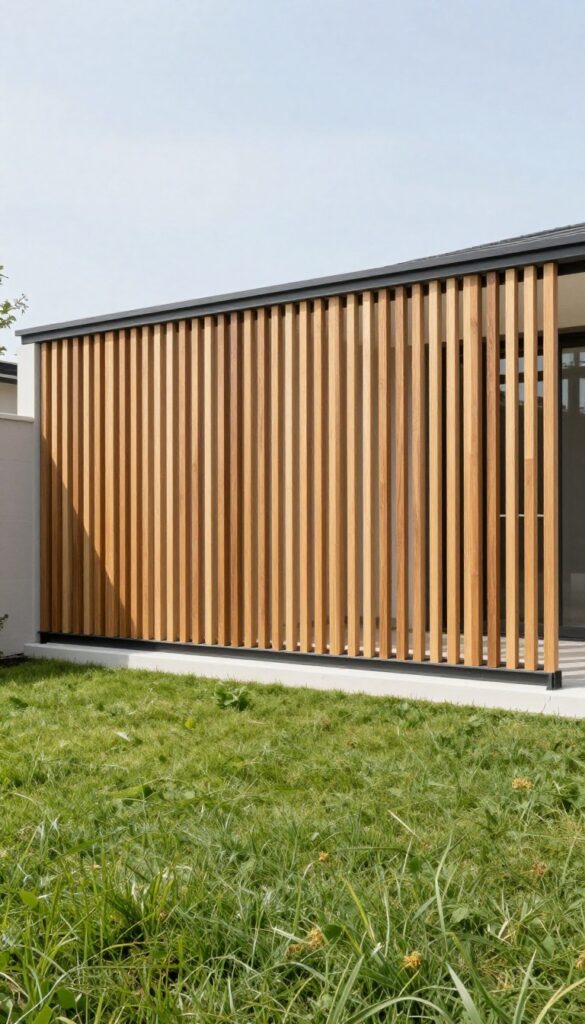 Modern horizontal slat wood fence in front of a contemporary suburban home on a bright day