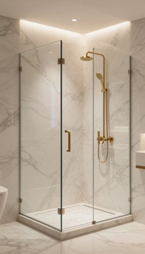 Floor-to-ceiling marble slabs in a luxurious walk-in shower with clear glass and brushed brass fixtures