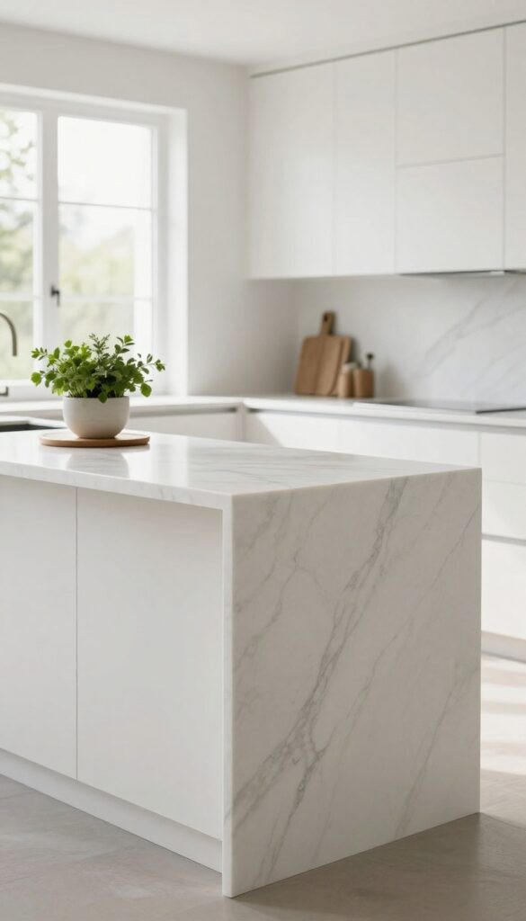 Modern kitchen island with a white marble waterfall countertop edge flowing smoothly down the side in bright natural light