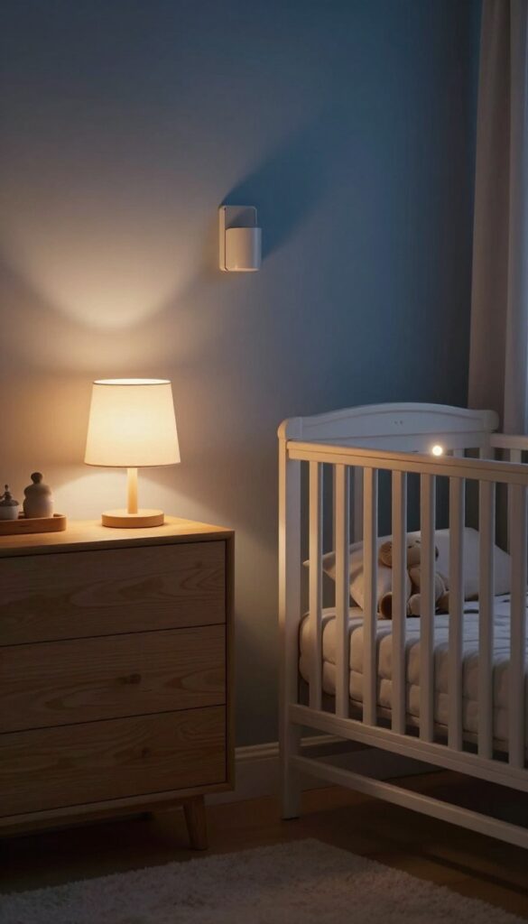 Cozy baby boy nursery at night lit by a warm table lamp with a fabric shade, a soft wall sconce, and a gentle nightlight near the crib, with no harsh overhead light.