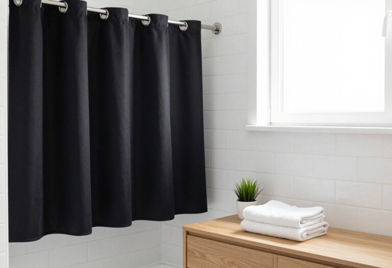 Bright modern bathroom with a bold black fabric shower curtain, white subway tile, and light wood accents