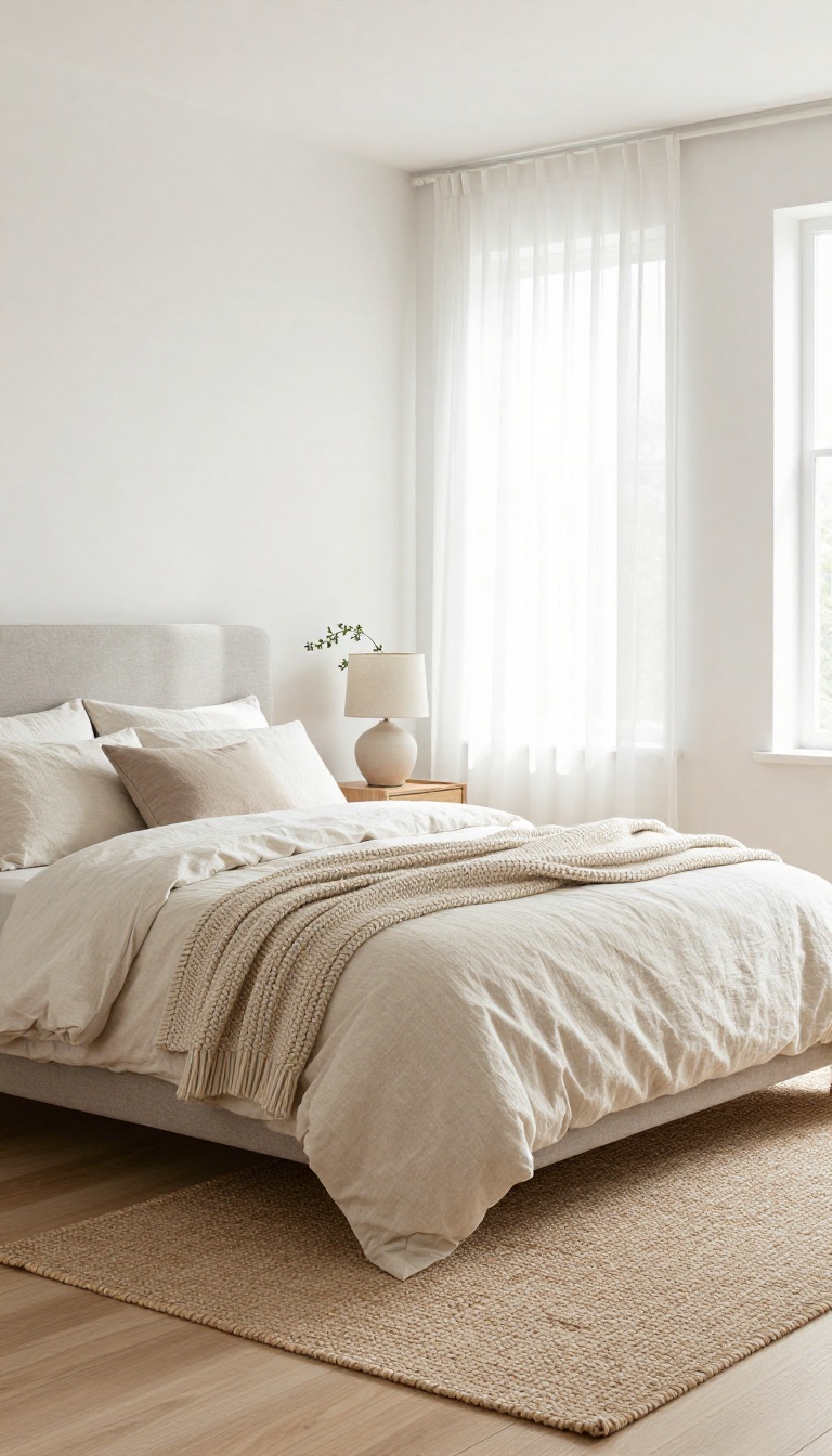 Small bedroom with warm white walls, cream bedding, and bright natural light in a light neutral Pottery Barn-inspired palette