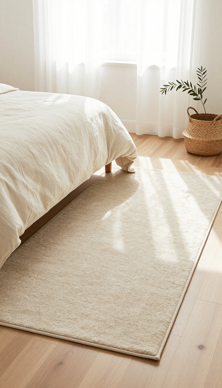 Cozy neutral bedroom with a plush beige wool rug extending past the sides and foot of a neatly made bed on warm wood floors in bright natural light