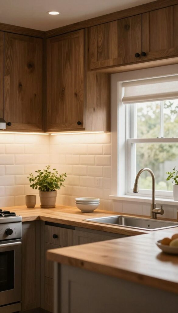 Small farmhouse kitchen with warm LED under-cabinet lighting glowing over a light countertop and white tile backsplash