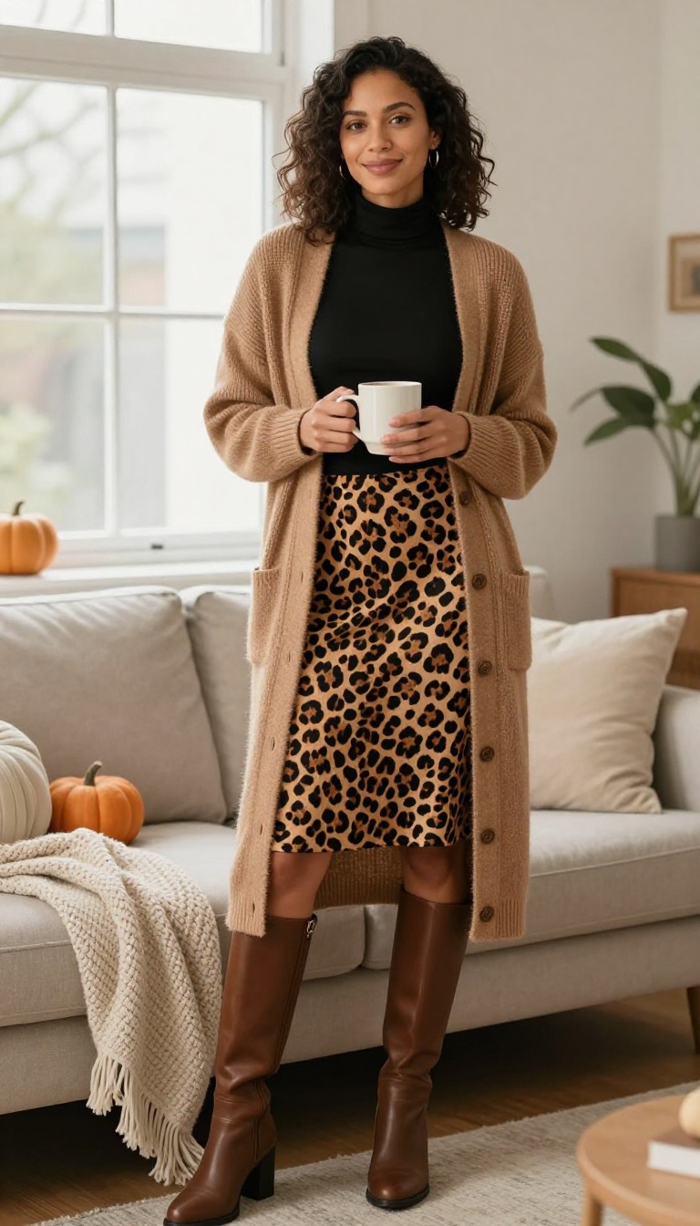5. Leopard Skirt with a Cozy Cardigan and Knee-High Boots