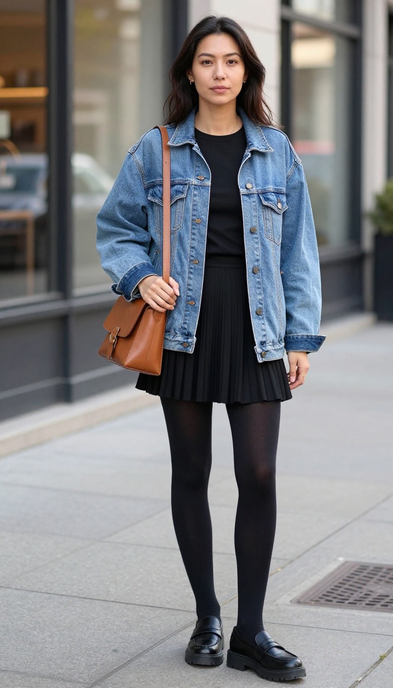 2. Oversized Jean Jacket with a Pleated Mini Skirt and Tights