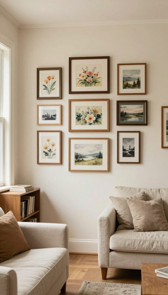 Cozy cottage living room wall with a collected gallery of mismatched vintage framed art in warm natural light