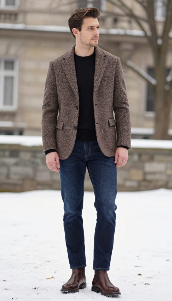 Man in tweed blazer, roll-neck sweater, dark jeans, and Chelsea boots for winter old money style.