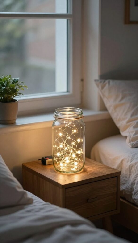 Clear glass jar filled with warm white fairy lights glowing on a wooden nightstand in a cozy small bedroom, with twine wrapped around the jar neck and a neatly made bed in the background.