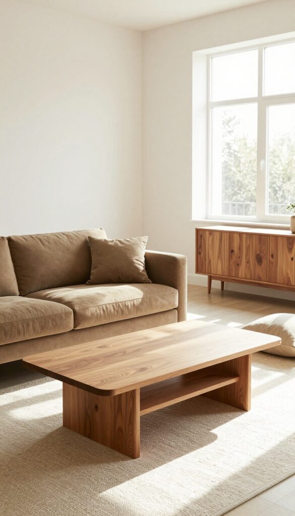 Elegant living room with a taupe sofa paired with a warm oak coffee table and walnut console in bright natural light