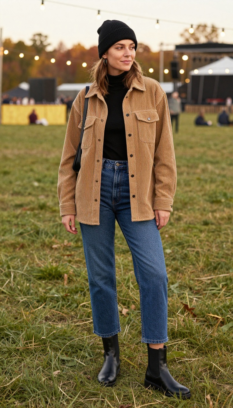 7. Corduroy Shacket and Jean Skirt with Chelsea Boots