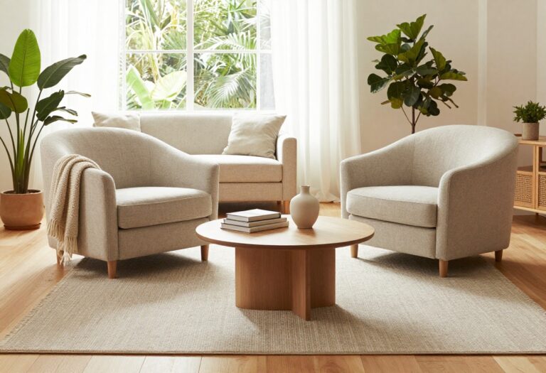 Bright inviting living room sitting area with two curved armchairs facing a round coffee table near a sunlit window