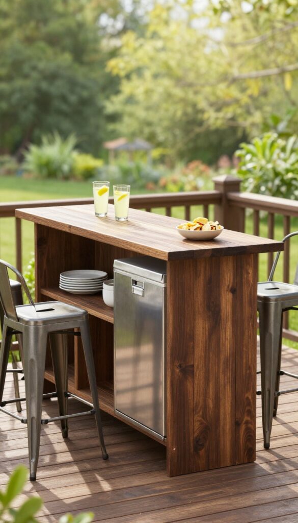 Built-in outdoor bar and serving station on a wooden backyard deck with a smooth dark wood countertop, open shelving, and two bar stools in bright natural light