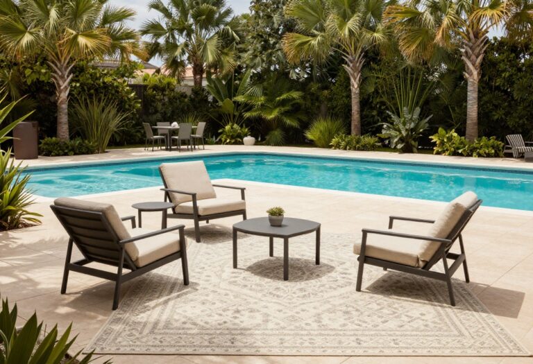 Bright backyard pool deck with defined lounge and dining zones anchored by outdoor rugs under sunny natural light