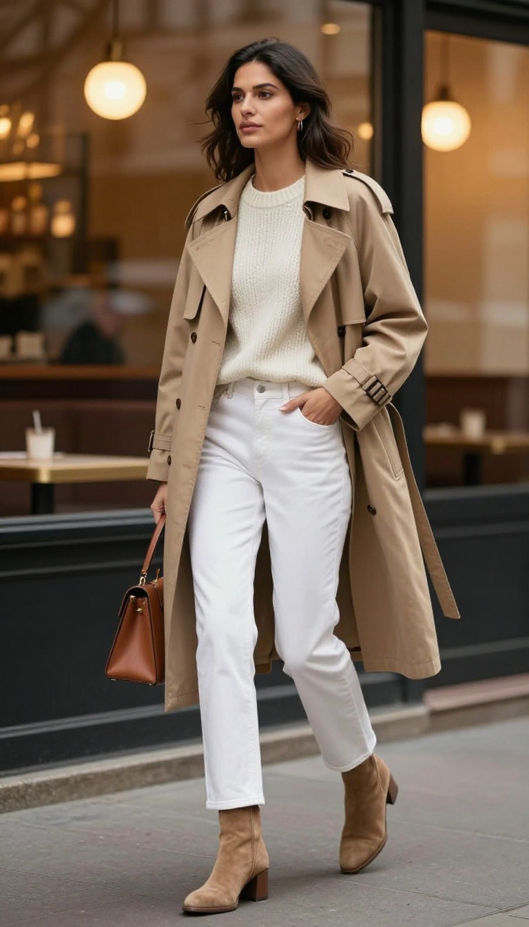 8. White Jeans + Chunky Knit + Tan Trench Coat + Suede Boots