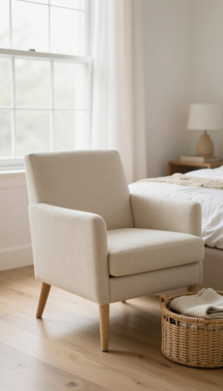 Small bright bedroom with a slim-legged upholstered accent chair by a sunlit window and a woven storage bench at the foot of the bed