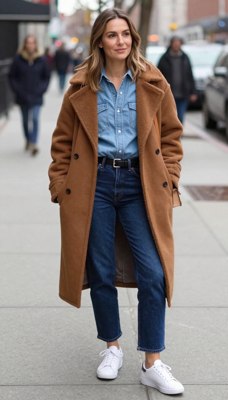 8. Denim on Denim with a Shearling Coat