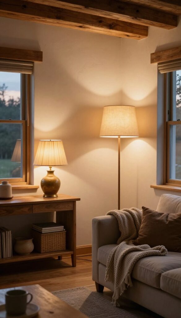 Cozy cottage living room glowing with warm lamp light from vintage brass and ceramic lamps with fabric shades, layered lighting near a reading chair and console table
