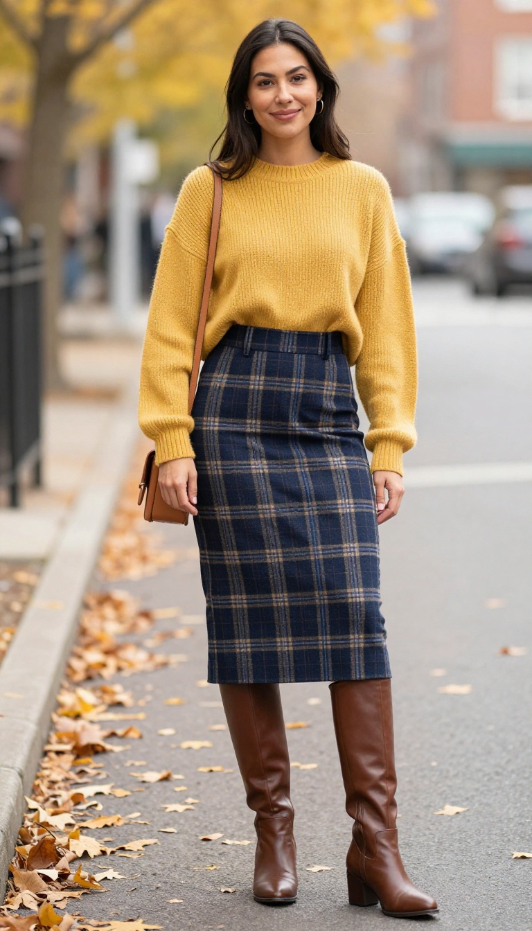 5. Navy Plaid Skirt with Mustard Yellow Sweater