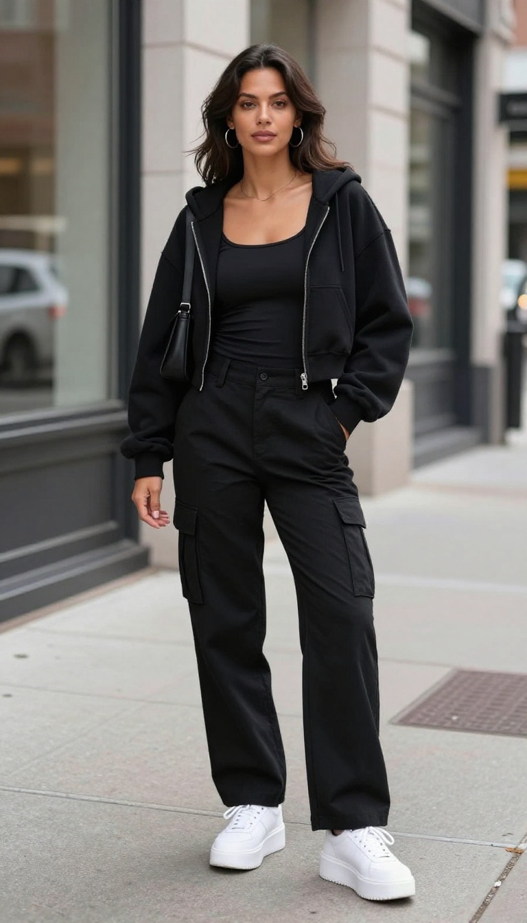 2. Black Cargo Pants with a Cropped Zip-Up Hoodie