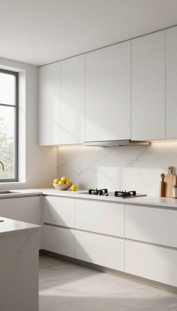 Minimalist kitchen with a hidden range hood concealed behind seamless white upper cabinets above a stainless steel stove and marble backsplash