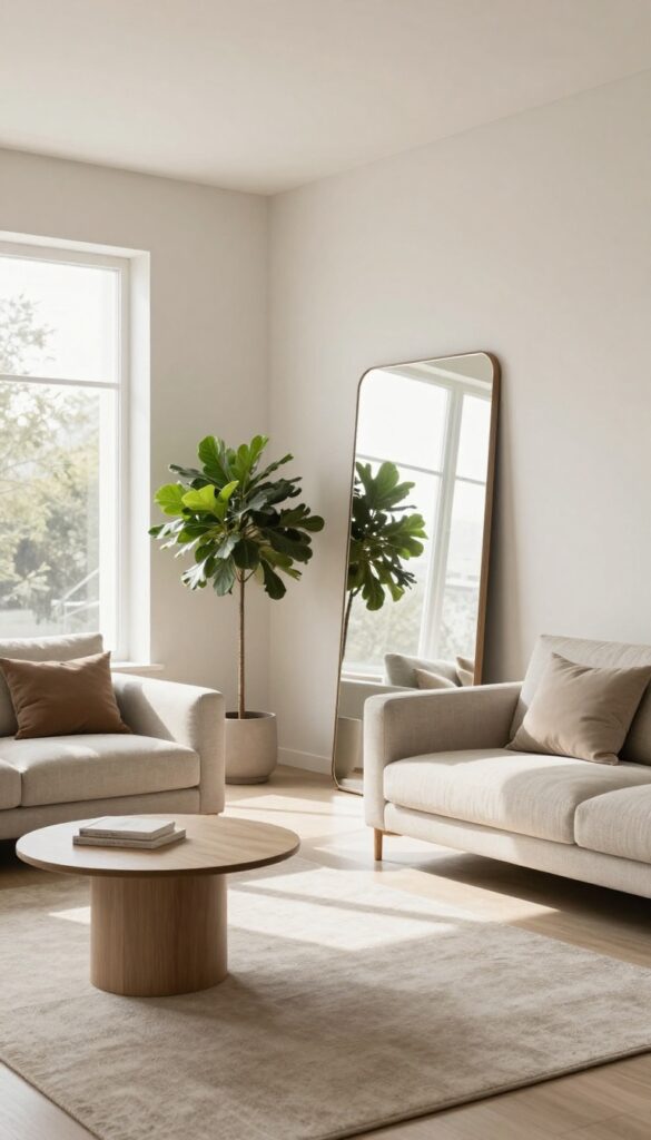 Bright minimal living room with an oversized leaning floor mirror as the statement piece, reflecting natural light and greenery, styled with a neutral sofa and simple decor.