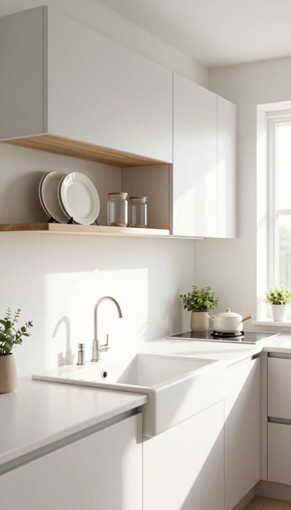 Modern galley kitchen with one small section of upper cabinets replaced by slim floating wood open shelves above a sink, styled with simple dishware and a plant, bright natural light making the narrow space feel open