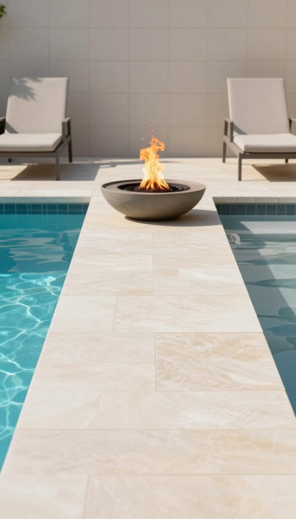 Modern pool deck with a small round fire bowl burning beside lounge chairs, contrasting warm flames with cool blue pool water in bright daylight