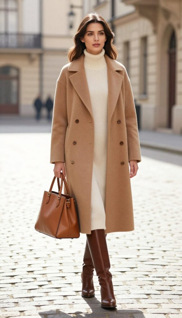 Woman in camel coat and knit dress with tall boots and structured bag on a European street