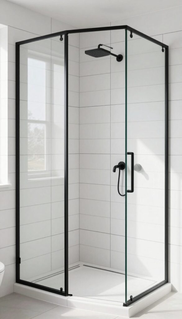 Bright modern shower with large white rectangular tiles and contrasting charcoal gray grout, paired with matte black fixtures and a black-framed glass door in natural light.