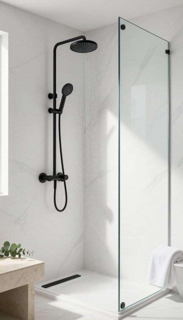 Modern spa shower with matte black rainfall showerhead and fixtures against white marble tiles in bright natural light.