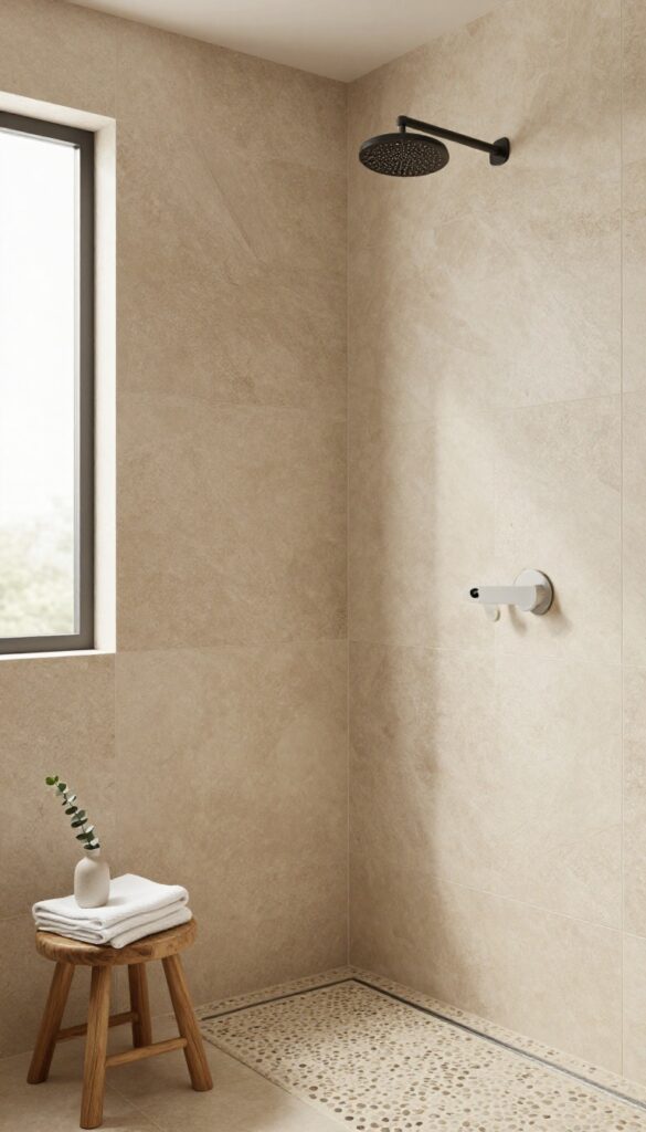 Bright rustic shower with large-format textured beige wall tiles, minimal grout lines, and a pebble tile floor for a calm, low-maintenance look