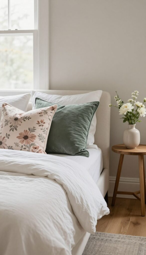 Bright bedroom with a white linen bed layered with floral and solid velvet throw pillows in blush and sage, plus a matching floral pillow on a nearby upholstered chair.