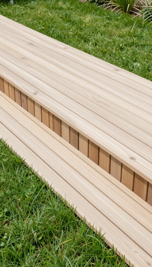 Modern deck with horizontal wood slat skirting creating clean lines and hiding the underside in bright natural light