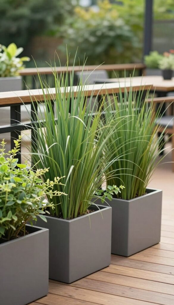 Tall neutral planters with layered upright and trailing greenery lining a sunny back deck railing, creating natural privacy while keeping the space open and bright