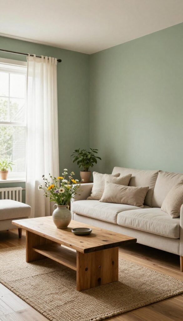 Cozy cottage living room with soft sage green painted walls, natural light, neutral sofa, wood coffee table, and woven rug