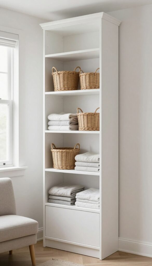 Small bright bedroom with a tall vertical shelving unit and woven baskets beside a cozy chair, maximizing vertical storage in a compact space