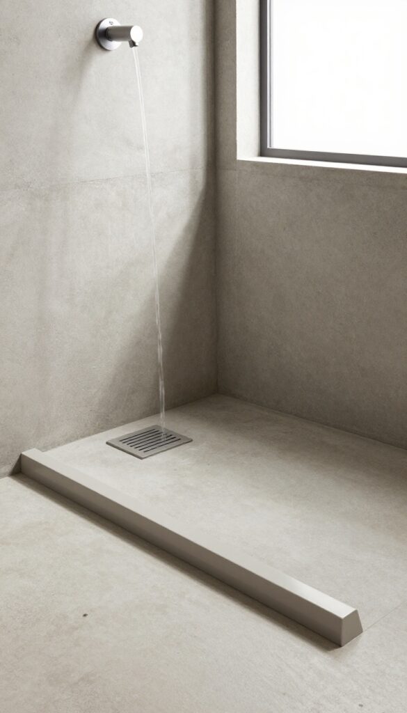 Modern concrete shower with a linear floor drain integrated seamlessly into the sloped concrete floor under bright natural light
