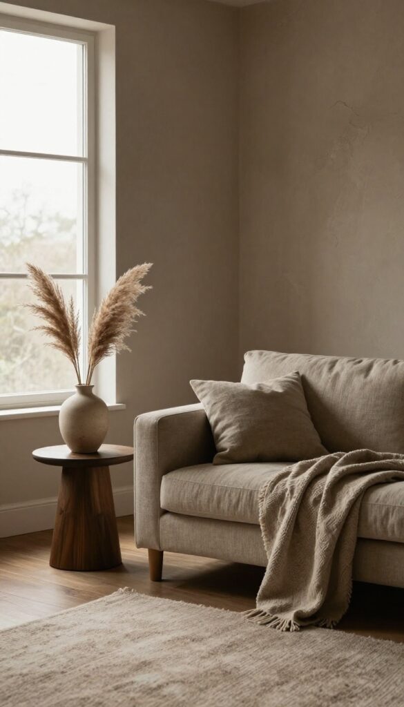 Moody living room with a subtle textured limewash accent wall in muted charcoal-brown, a greige linen sofa, a round dark wood side table with dried pampas grass, and soft natural light revealing gentle tonal variation.