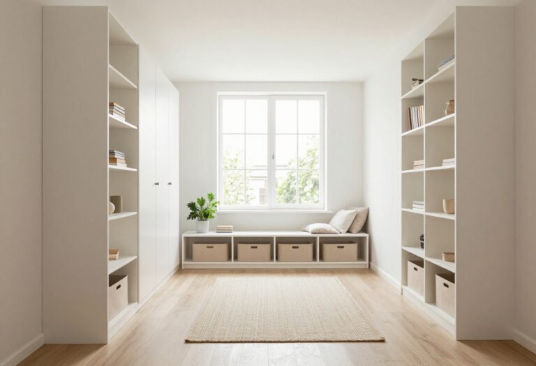 Bright small boys bedroom with a built-in wall storage bed, vertical shelving, cubbies, and matching storage bins keeping the floor clear