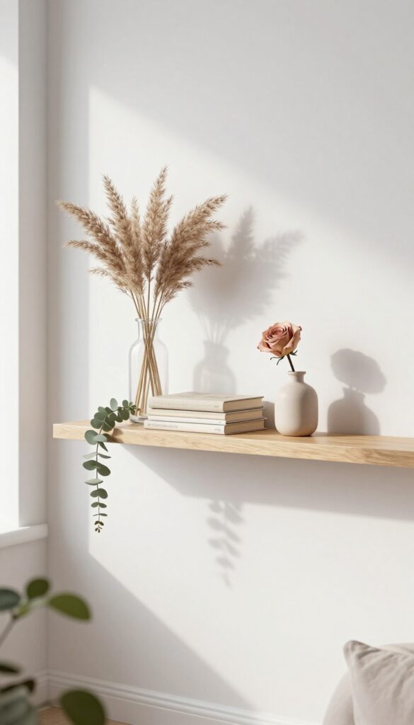 Bright minimalist wooden shelf styled with stacked books, small vases of dried flowers, and eucalyptus in a soft blush and sage palette under natural light.