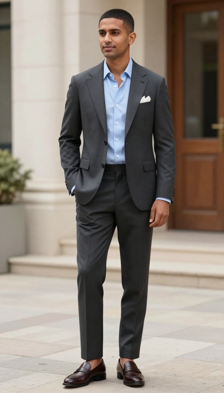 10. Charcoal Suit with Light Blue Shirt and No Tie