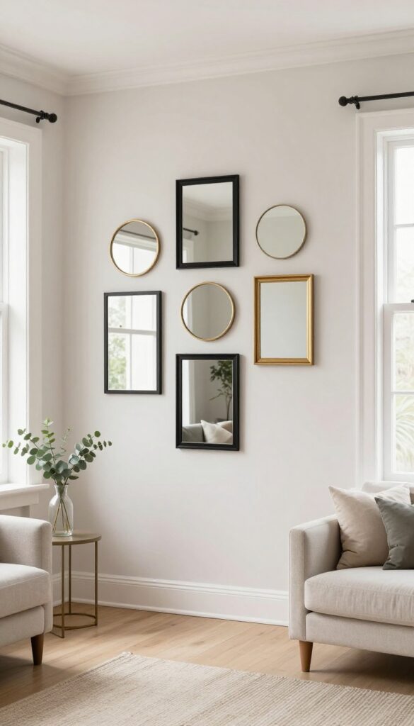 Bright living room wall decorated with a gallery-style cluster of small round and rectangular mirrors in black and gold frames, reflecting natural light above a neutral sofa and styled side table.