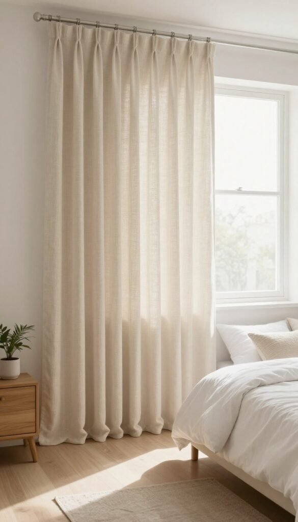Bright small bedroom with neutral floor-to-ceiling curtains hung just below the ceiling, extending past the window to make the room feel taller and more elegant.
