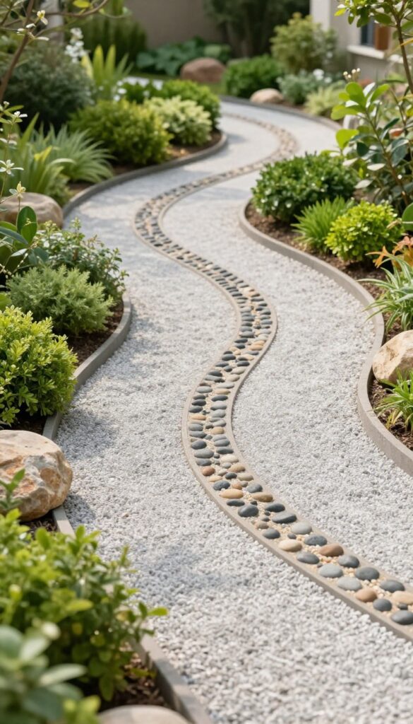 Curved gravel rock pathway winding through green garden beds in a bright front yard landscape