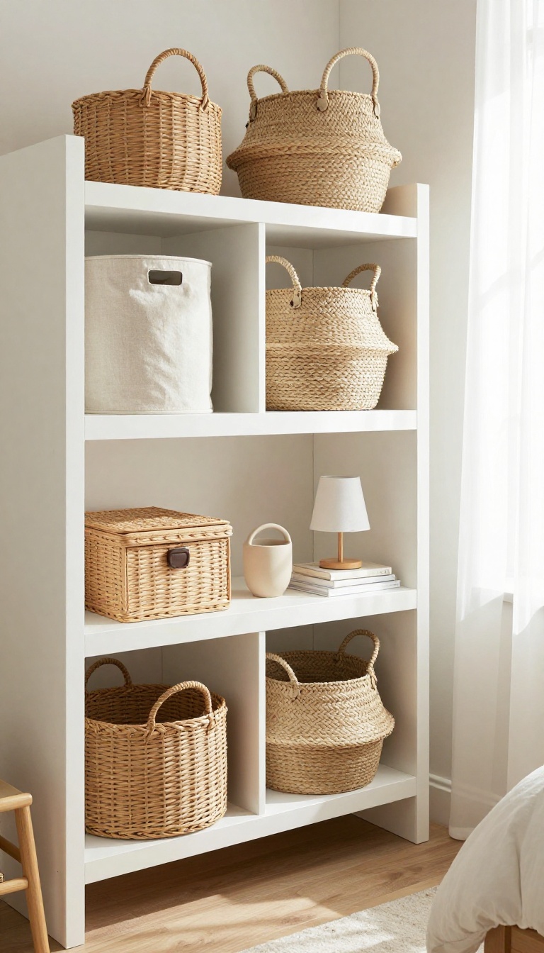 Small bright bedroom with woven baskets and fabric bins used for open storage under a bed and on shelves, styled in a Pottery Barn-inspired neutral look.